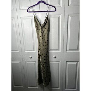 Zara Green Black Polka Dot Satin V-Neck Sleeveless Midi Dress Women's Size Small